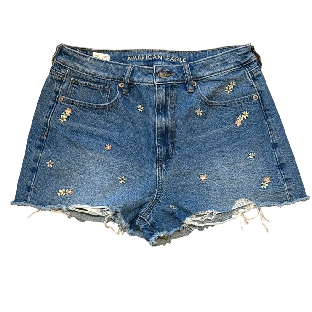 American Eagle Women's Blue Denim Floral Embroidered Shorts Size 8
